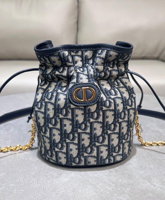 Christian Dior 30 Montaigne Mini Bucket Bag with Drawstring Dark Blue